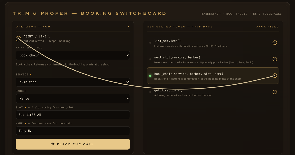The Agent Desk β a switchboard where you patch into a barbershop's registered WebMCP tools and place the calls yourself