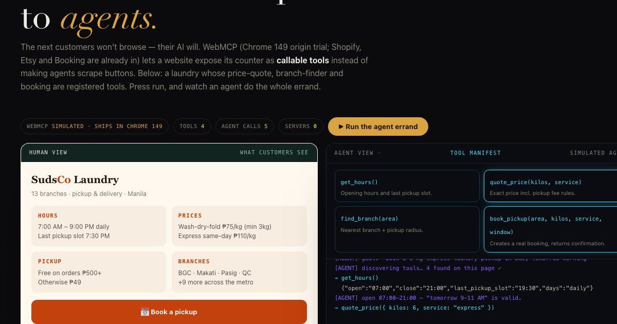 The Open Counter β a storefront beside an agent console calling its registered tools