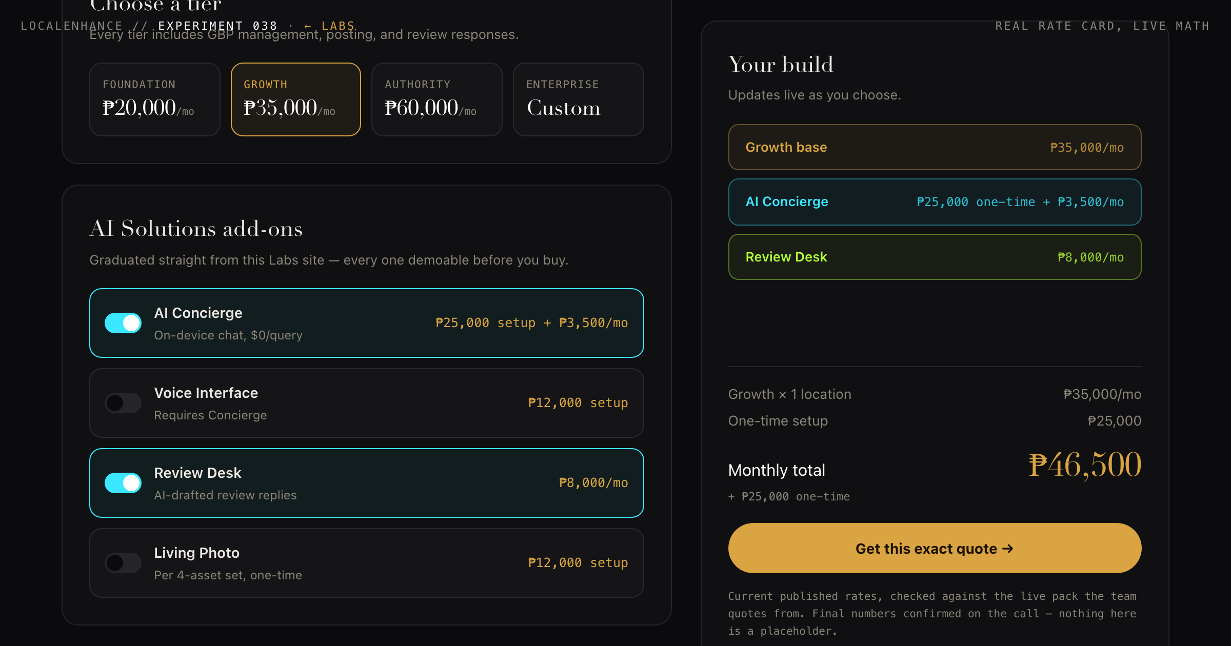 The Configurator β a live-priced package builder using LocalEnhance's real current rate card, tier plus AI add-ons plus locations