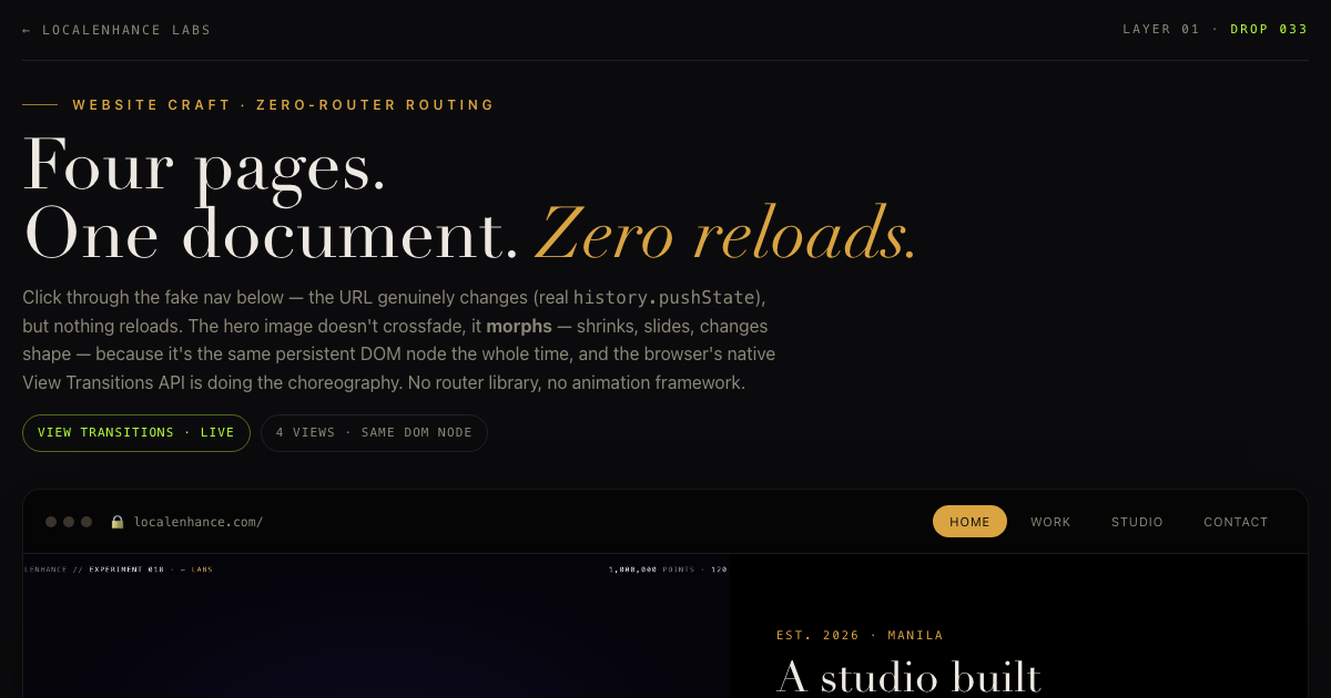 The Continuous Page β four pages, one document, zero reloads, hero image morphs between views