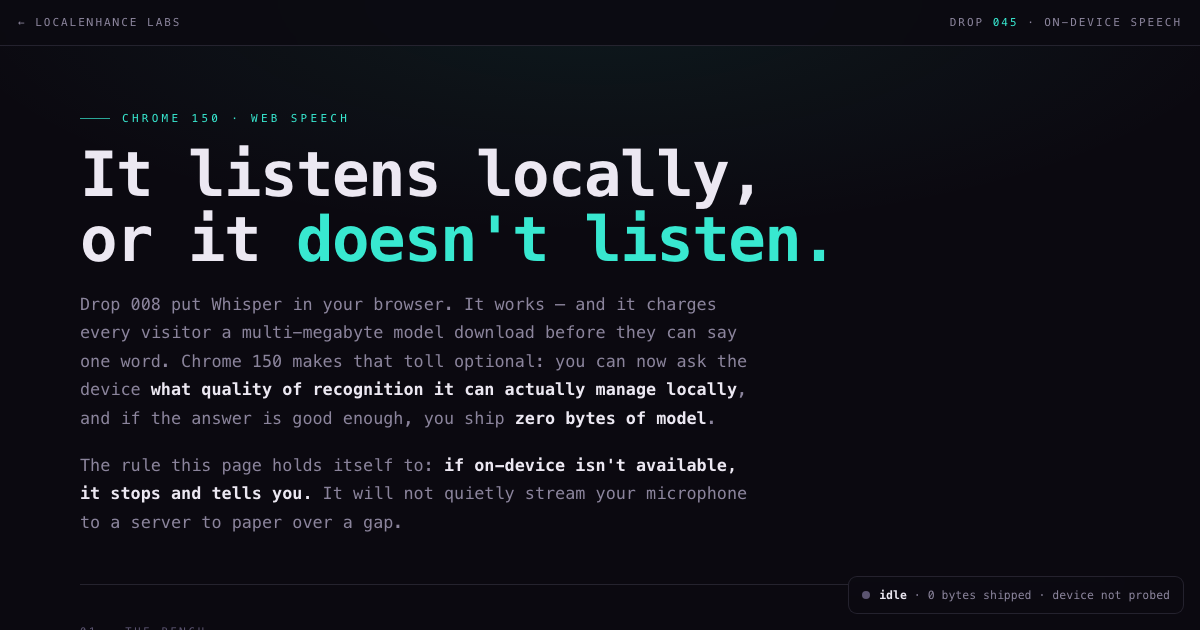 EARSHOT β an on-device speech recogniser showing quality tiers and a live transcript, with a badge reading zero bytes shipped