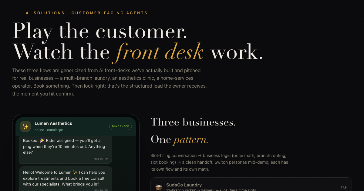 The Front Desk β a phone-frame AI receptionist booking a clinic consult, with the structured lead card beside it