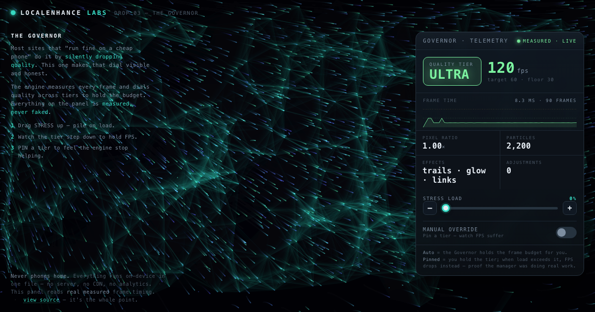 The Governor β a live telemetry panel reading quality tier, FPS and frame time over an adaptive particle constellation