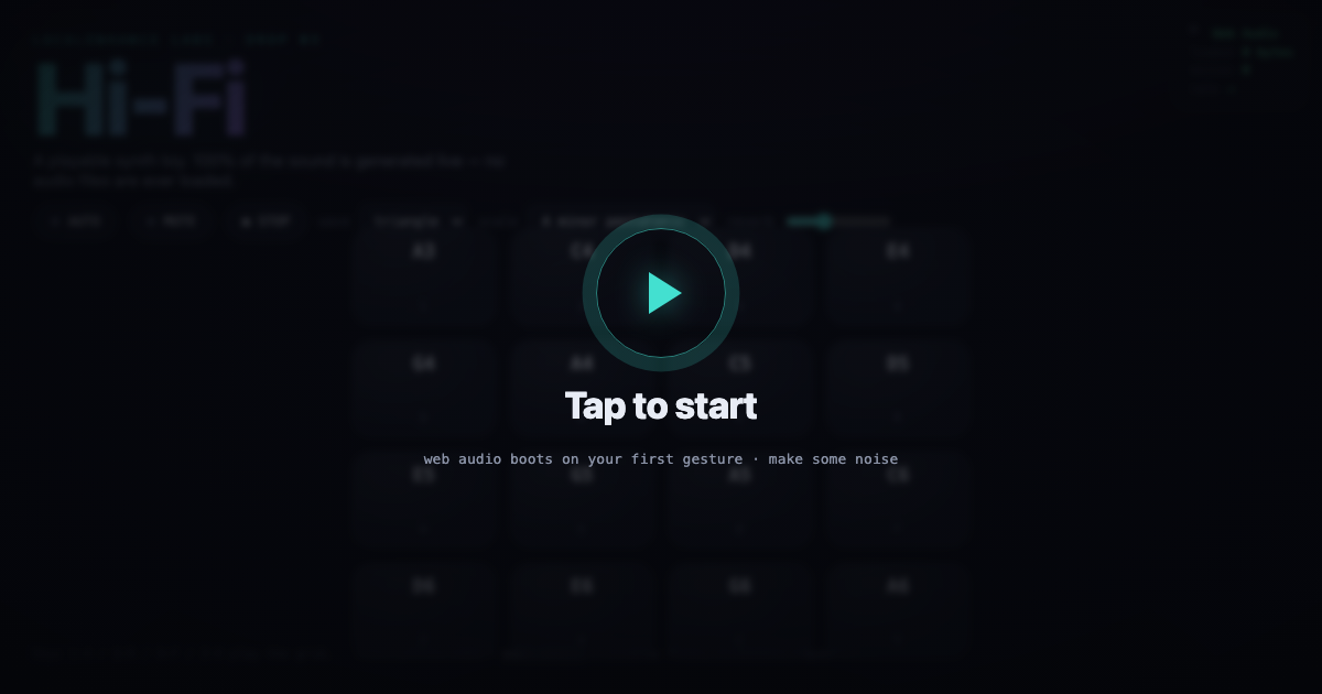 Hi-Fi β a playable synth pad grid over a reactive audio visualization, with zero audio files loaded