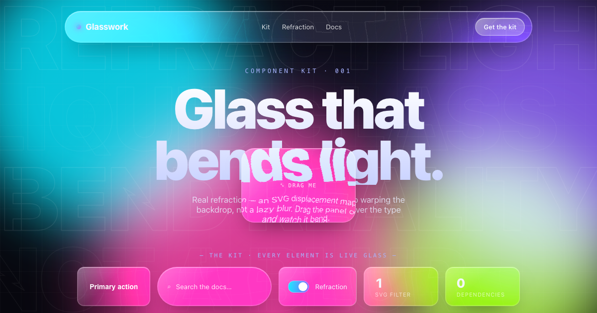 Liquid Glass — a draggable glass lens refracting the headline behind it
