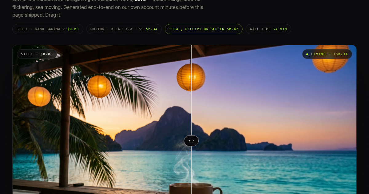 The Living Photo β drag slider comparing a still beach cafΓ© photo with its AI-animated living version