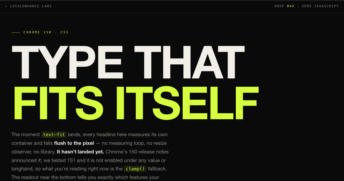 OVERTYPE β a giant headline filling its column exactly, over a stack of lines all flush to the same measure