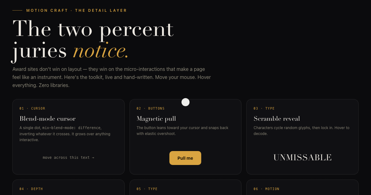 The Playground β a grid of award-tier micro-interaction demos with a blend-mode cursor