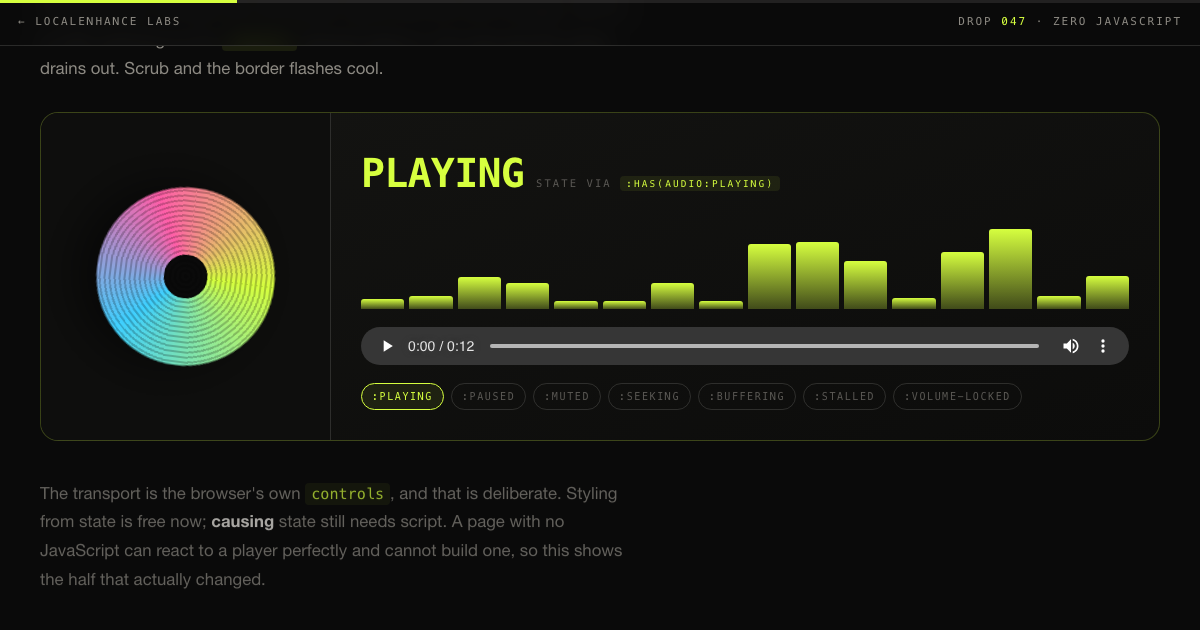 Playstate β a custom audio stage with a spinning gradient disc and equaliser bars, driven entirely by CSS media-state pseudo-classes