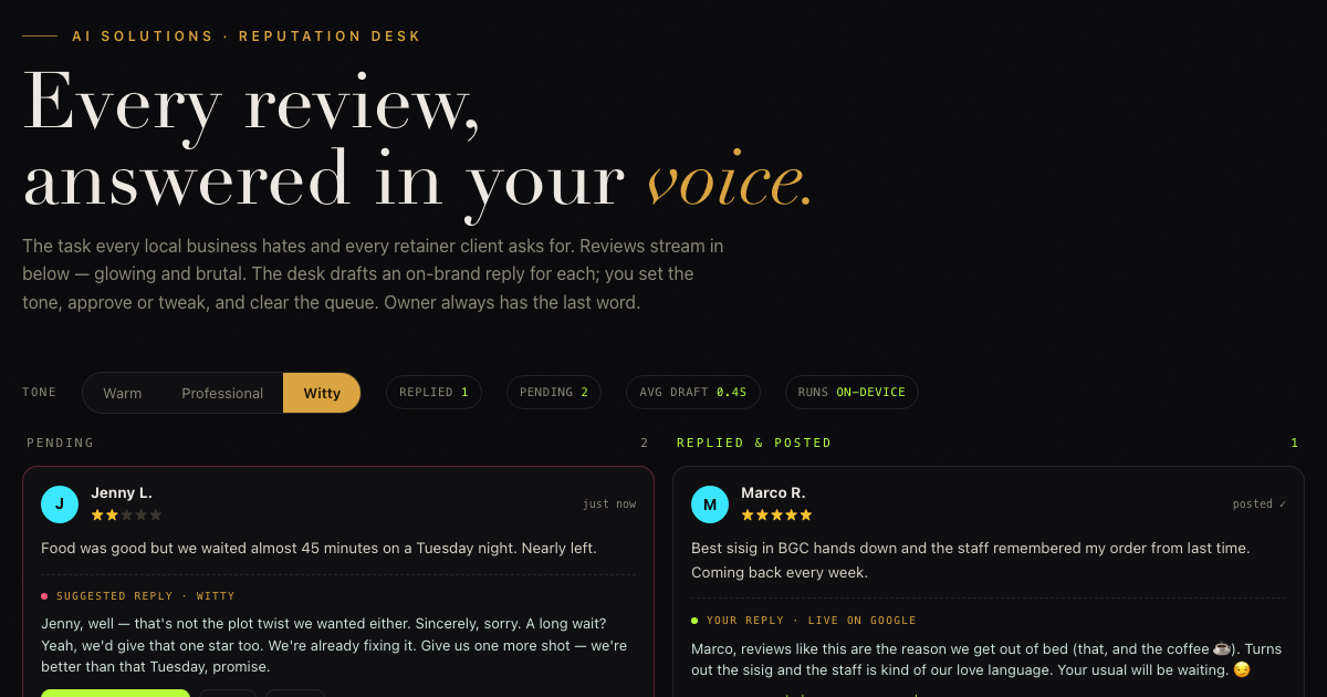 The Review Desk β reviews streaming into a pending column with AI-drafted replies and an approval queue