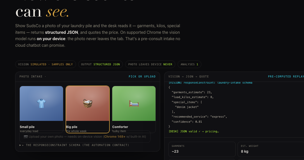 The Seeing Desk β a photo analyzed into structured JSON and priced into a laundry quote