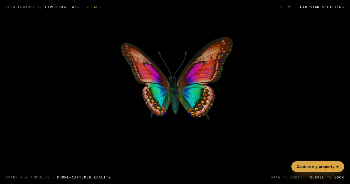 The Splat Showroom β a photoreal gaussian-splat butterfly floating in a dark stage