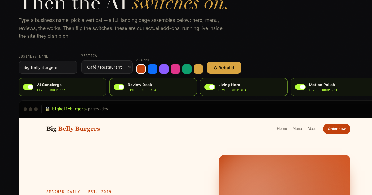 The Storefront β a live site generator assembling a themed landing page in a browser frame
