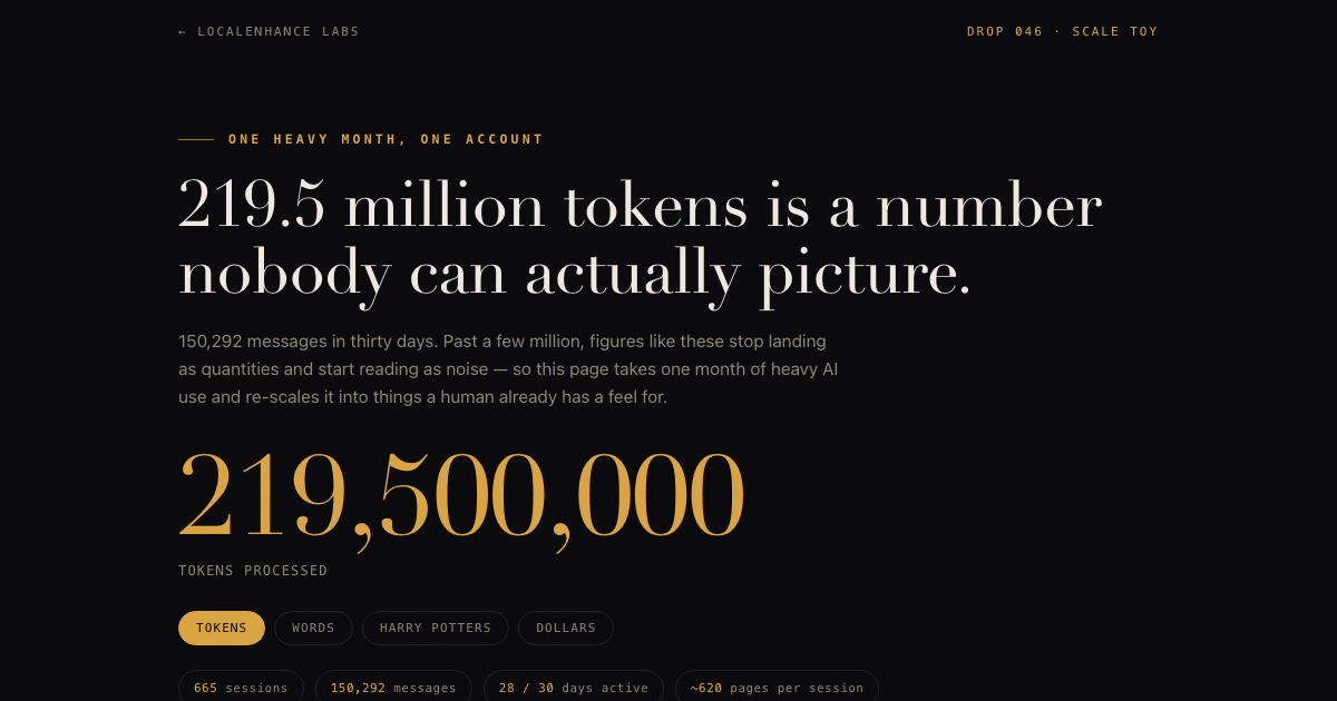 The Tab β a dark receipt-styled page showing 219,500,000 tokens itemized on a printed usage slip, with toggles converting the total into words, Harry Potters and dollars