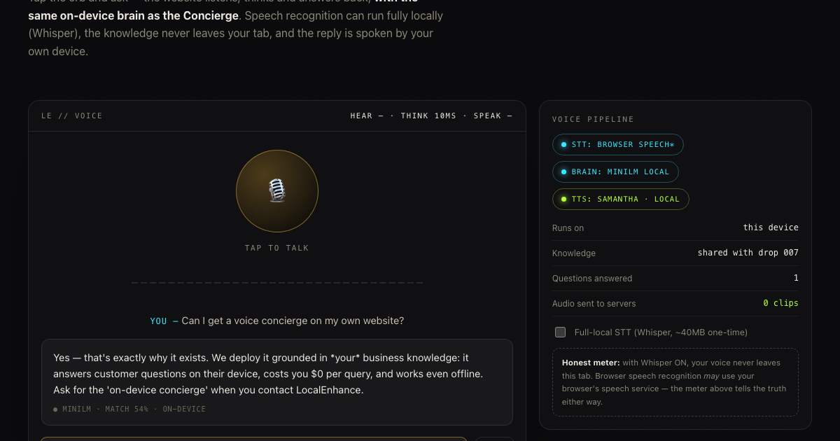 The Voice β talk-to-the-website stage with mic orb, waveform and honest engine badges