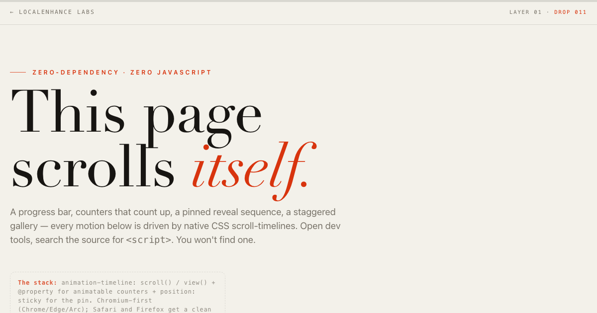 ZERO.JS β an editorial red-on-cream scrollytelling page with zero script tags
