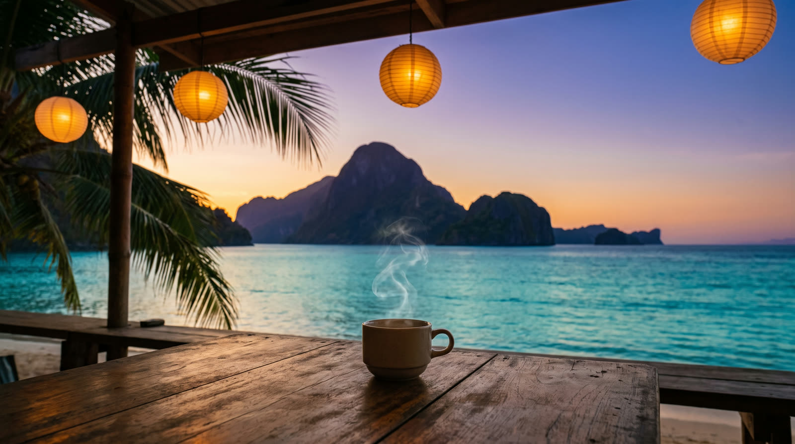 Static photo: beachfront café table with steaming coffee, paper lanterns and El Nido karsts at dusk