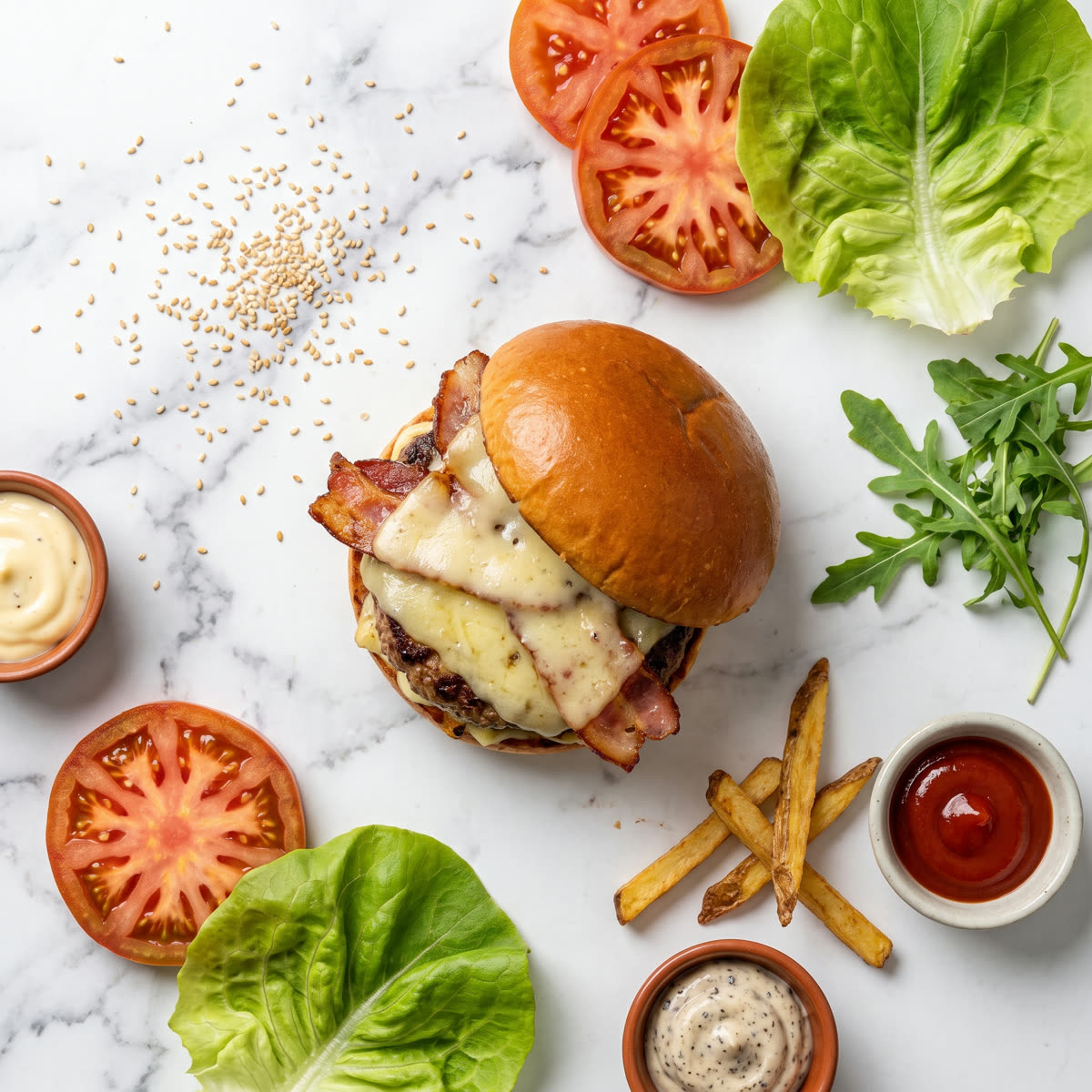 Overhead flat-lay of a gourmet cheeseburger with scattered ingredients on marble