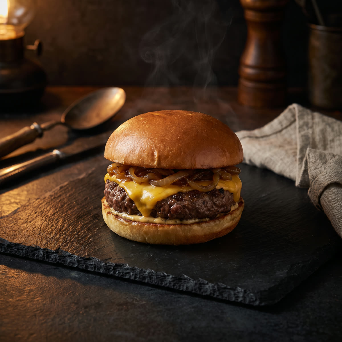 Gourmet cheeseburger in dramatic moody editorial lighting on slate