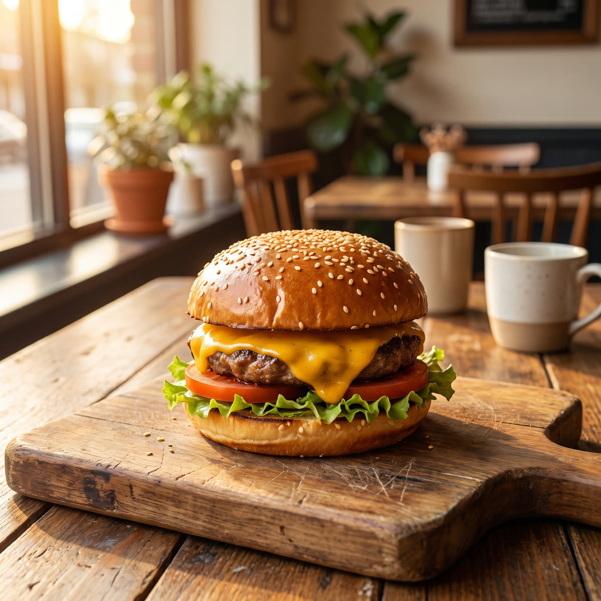 Gourmet cheeseburger on a rustic wooden board in warm cafe light