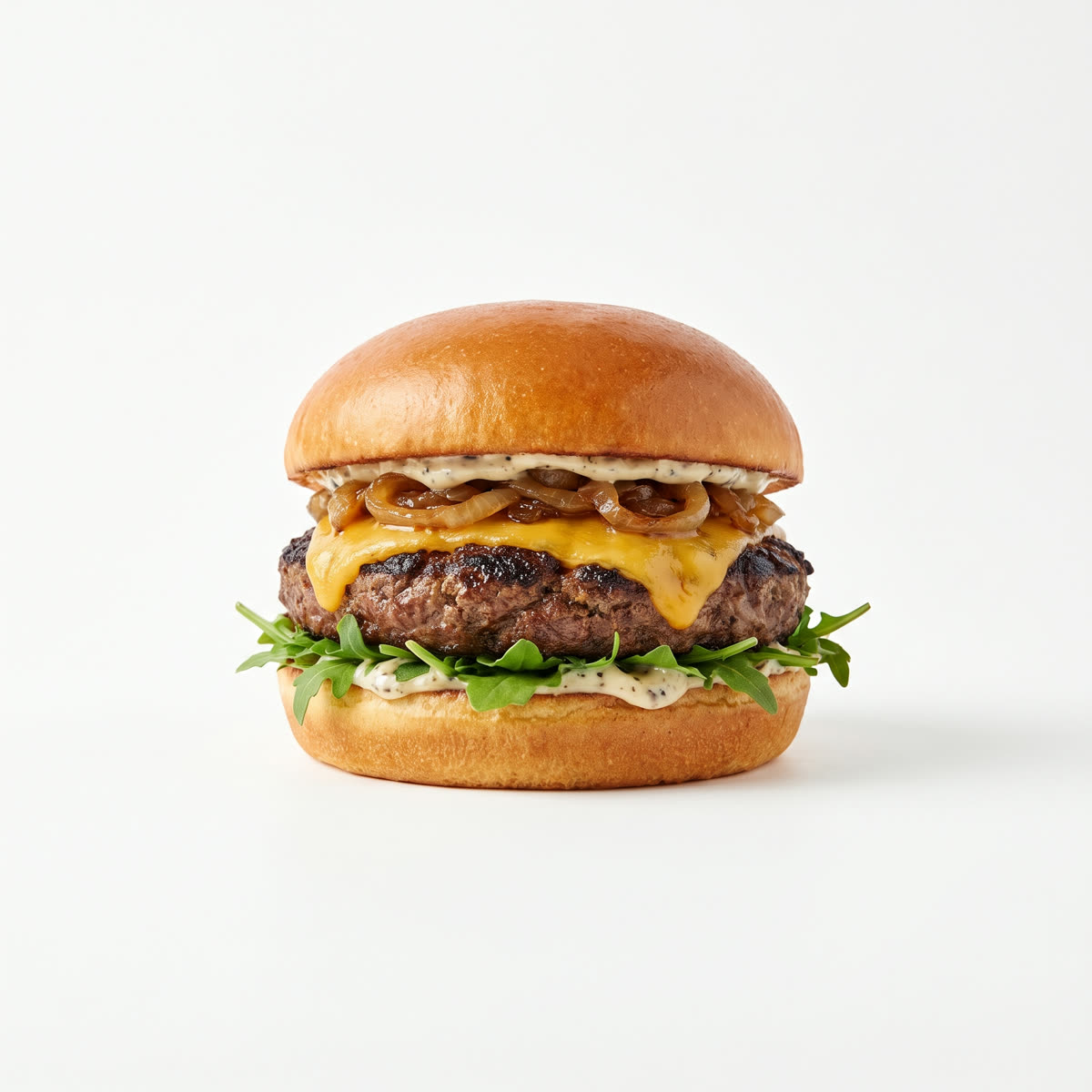 Gourmet cheeseburger on a clean white studio background